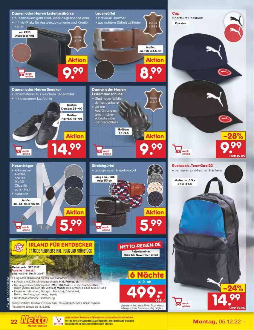 Aktueller Prospekt Netto Marken-Discount - Filial-Angebote - von 05.12 bis 10.12.2022 - strona 24 - produkty: asti, auer, Brei, buch, Cap, decke, eis, ente, Geldbörse, handschuhe, hose, hosen, ndk, reis, reiseveranstalter, Ria, rind, rucksack, sac, schuhe, sneaker, Ti, tisch, trendtours touristik gmbh, uhr, vorteilspreis, Wild