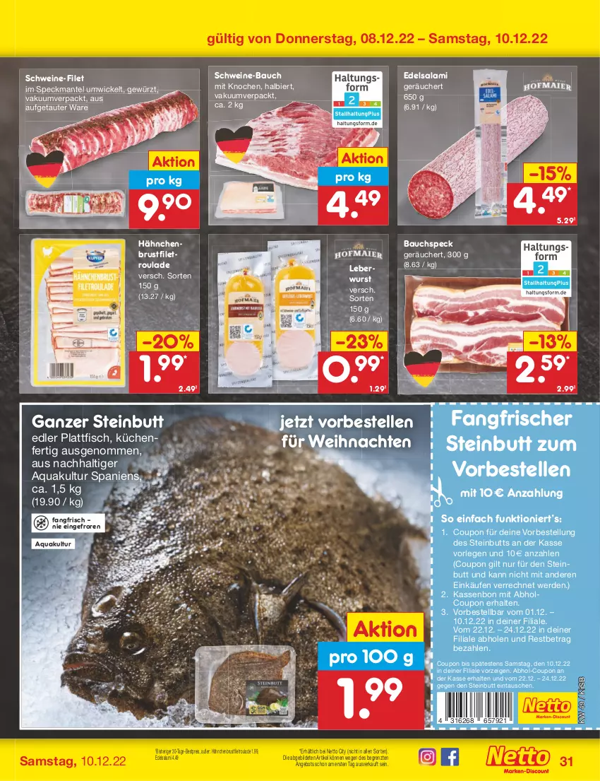 Aktueller Prospekt Netto Marken-Discount - Filial-Angebote - von 05.12 bis 10.12.2022 - strona 33 - produkty: angebot, aqua, Bau, bestpreis, bier, brustfilet, coupon, Edelsalami, eis, elle, erde, filet, fisch, gewürz, hähnchenbrust, hähnchenbrustfilet, küche, Küchen, leberwurst, Mantel, reis, salami, schwein, schweine, schweine-bauch, schweine-filet, Speck, Ti, weihnachten, wein, weine, WICK, wurst, ZTE