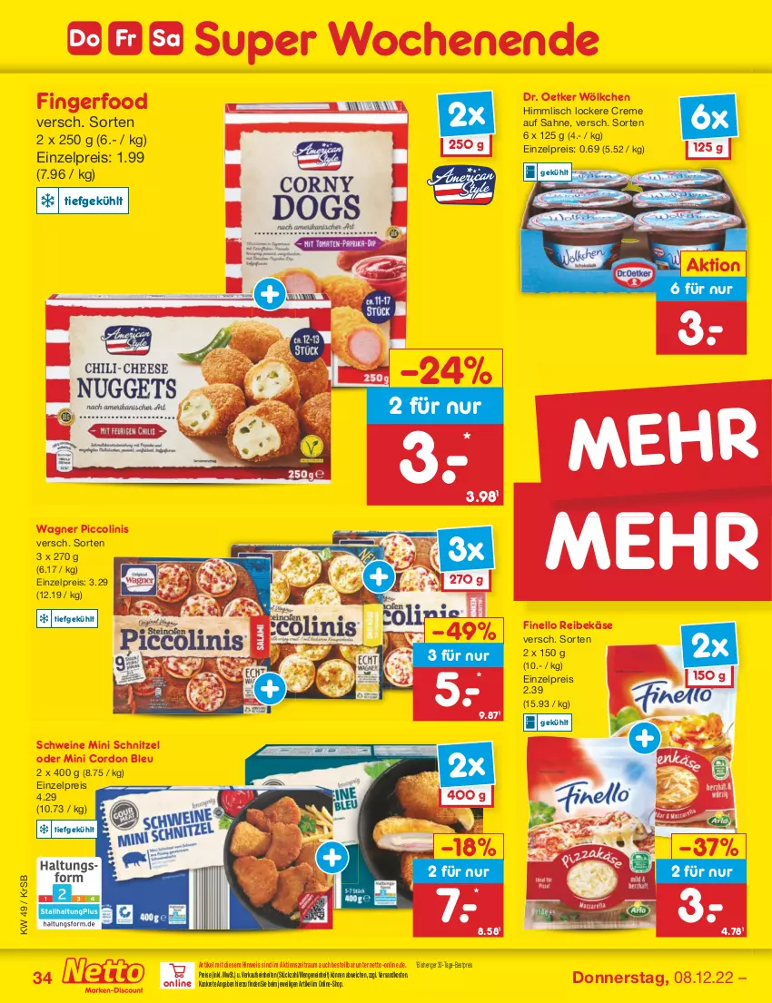 Aktueller Prospekt Netto Marken-Discount - Filial-Angebote - von 05.12 bis 10.12.2022 - strona 36 - produkty: bestpreis, cordon bleu, creme, Dr. Oetker, eis, finello, Käse, ndk, piccolinis, Reibekäse, reis, sahne, schnitzel, schwein, schweine, Ti, wagner, wein, weine