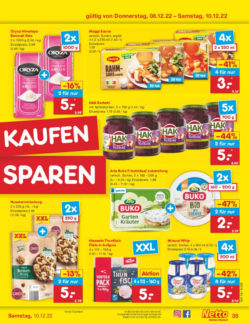 Aktueller Prospekt Netto Marken-Discount - Filial-Angebote - von 05.12 bis 10.12.2022 - strona 37 - produkty: angebot, apfel, arla, arla buko, basmati, Basmati Reis, bestpreis, Buko, eis, filet, filets, fisch, frischkäse, hawesta, Käse, maggi, miracel, miracel whip, nuss, oryza, reis, rotkohl, sauce, thunfisch, thunfisch filets, Ti, ZTE