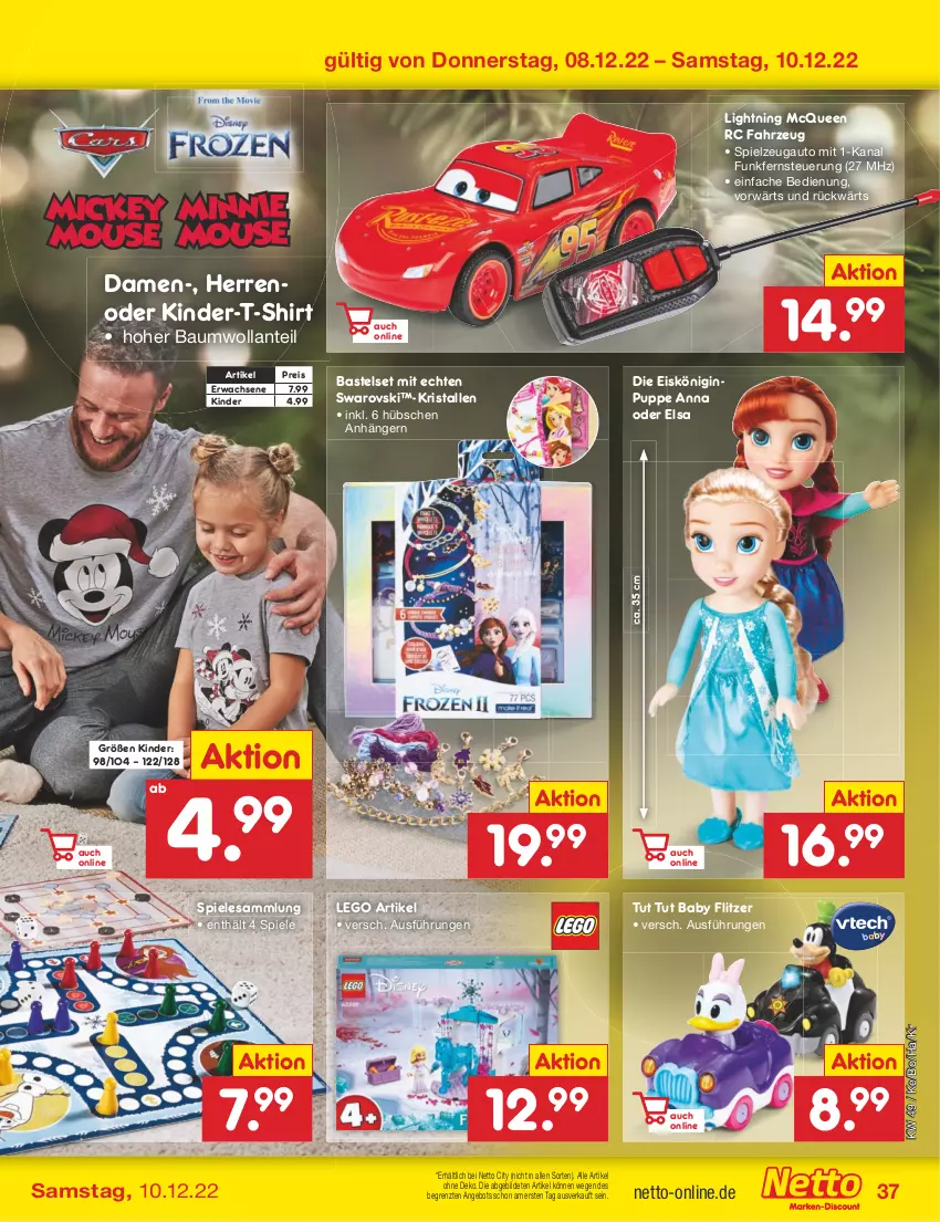 Aktueller Prospekt Netto Marken-Discount - Filial-Angebote - von 05.12 bis 10.12.2022 - strona 39 - produkty: angebot, Anhänger, auto, Bau, eis, Eiskönigin, gin, Kinder, Kinder-T-Shirt, McQueen, Puppe, reis, shirt, Spiele, spielzeug, T-Shirt, Ti, ZTE