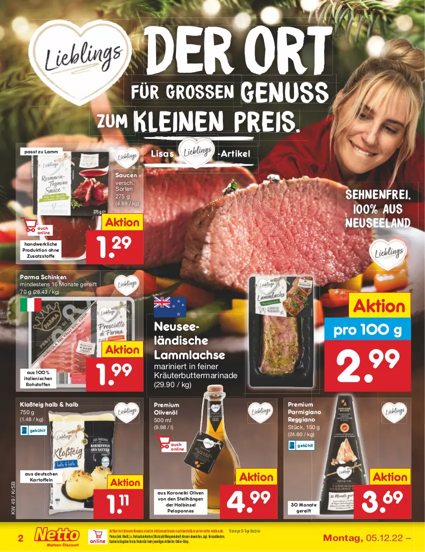 Aktueller Prospekt Netto Marken-Discount - Filial-Angebote - von 05.12 bis 10.12.2022 - strona 4 - produkty: bestpreis, butter, eis, Elan, kartoffel, kartoffeln, kräuter, kräuterbutter, lachs, lamm, lammlachse, leine, marinade, ndk, nuss, olive, oliven, olivenöl, parmigiano, parmigiano reggiano, reggiano, reis, sauce, saucen, schinken, Ti