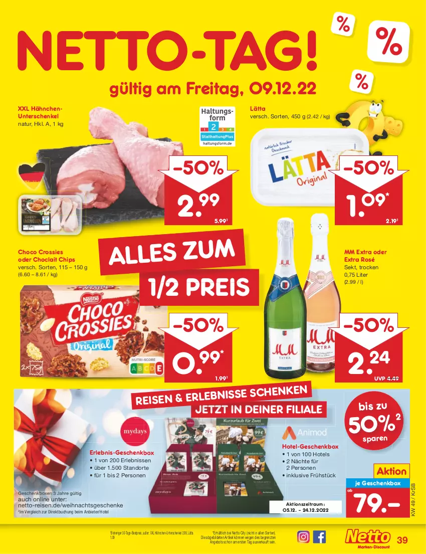 Aktueller Prospekt Netto Marken-Discount - Filial-Angebote - von 05.12 bis 10.12.2022 - strona 41 - produkty: angebot, bestpreis, buch, chips, choclait chips, choco crossies, crossies, eis, Geschenkbox, henkel, lätta, mm extra, mydays, natur, reis, schenkel, sekt, Ti, ZTE