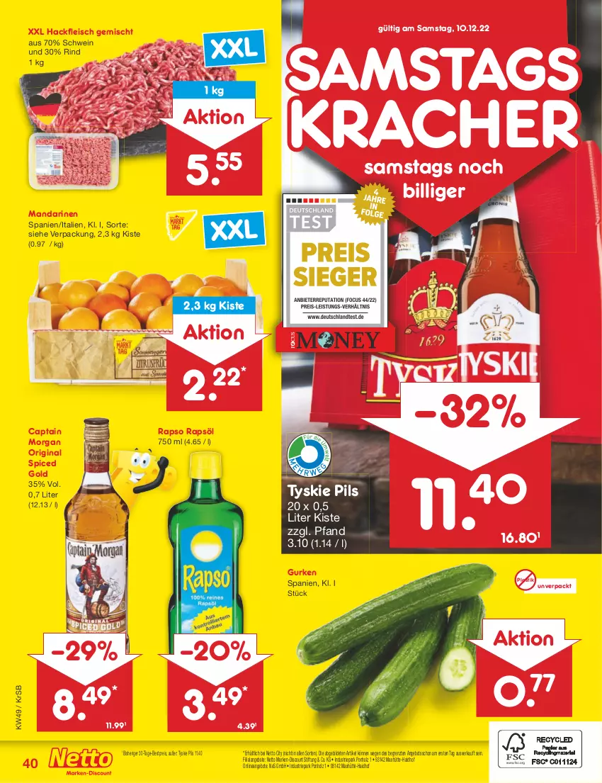 Aktueller Prospekt Netto Marken-Discount - Filial-Angebote - von 05.12 bis 10.12.2022 - strona 42 - produkty: angebot, angebote, asti, bestpreis, Cap, captain morgan, discount, eis, fleisch, gin, gurke, gurken, hackfleisch, hackfleisch gemischt, Holz, kracher, mandarine, mandarinen, marken-discount, ndk, original spiced gold, pils, rapso, rapsöl, reis, rind, schwein, Ti, tyskie, wein, ZTE