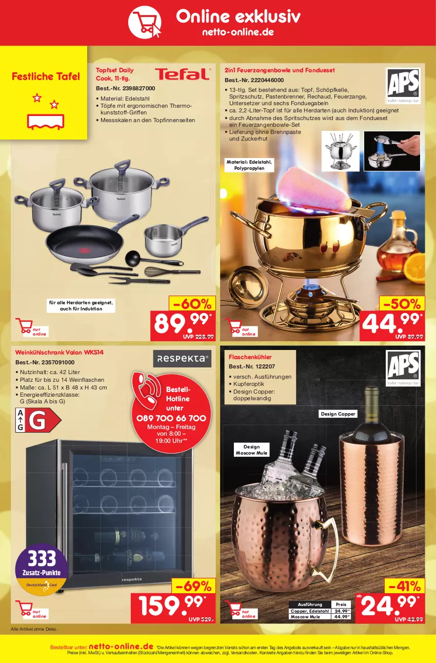 Aktueller Prospekt Netto Marken-Discount - Filial-Angebote - von 05.12 bis 10.12.2022 - strona 46 - produkty: angebot, bowle, Brennpaste, edelstahl, eis, elle, flasche, Fondue, gabel, herdarten, kühlschrank, LG, ndk, reis, Ria, Schrank, Spritzschutz, Ti, topf, Topfset, uhr, Untersetzer, wein, Zangen, ZTE, zucker