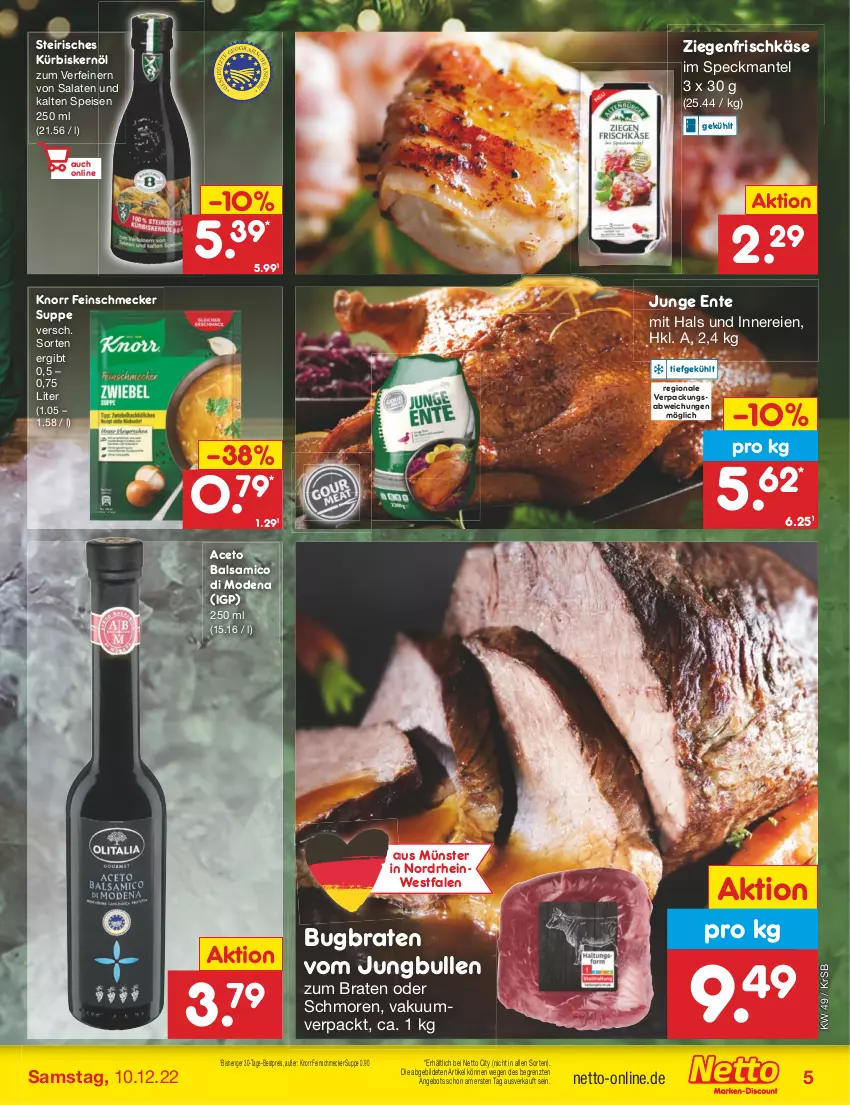 Aktueller Prospekt Netto Marken-Discount - Filial-Angebote - von 05.12 bis 10.12.2022 - strona 7 - produkty: aceto, aceto balsamico, angebot, balsam, balsamico, bestpreis, braten, eis, ente, feinschmecker, frischkäse, jungbullen, Käse, knorr, Kürbis, Kürbiskernöl, Mantel, Mode, reis, salat, salate, Speck, suppe, Ti, ziegenfrischkäse, ZTE