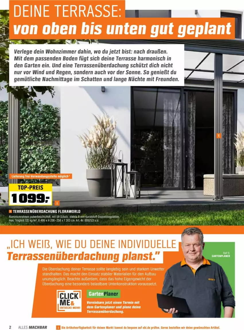 Aktueller Prospekt Obi - Prospekte - von 17.05 bis 29.05.2022 - strona 2 - produkty: Bau, elle, erde, Garten, latte, mac, Ria, Terrassenüberdachung, Ti, uv-schutz