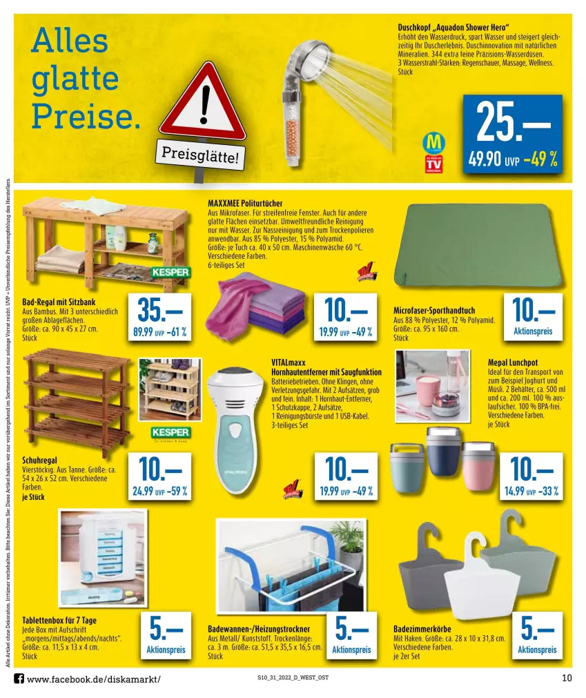 Aktueller Prospekt Diska - Prospekte - von 01.08 bis 06.08.2022 - strona 10 - produkty: aktionspreis, alle artikel ohne dekoration, aqua, auer, Bad, Badewanne, bambus, Bank, batterie, Behälter, bürste, dekoration, dusche, eis, elle, fenster, handtuch, hero, HP, joghur, joghurt, latte, mikrofaser, müsli, quad, regal, reifen, Reinigung, reinigungsbürste, reis, schuhregal, sitzbank, Sport, tablet, tablett, Tablette, teller, Ti, Trockner, tuc, tücher, uhr, usb, vita, vitalmaxx, Wanne, wasser