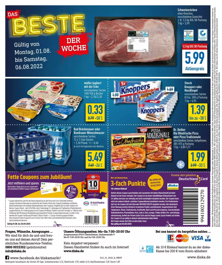 Aktueller Prospekt Diska - Prospekte - von 01.08 bis 06.08.2022 - strona 12 - produkty: Alwa, angebot, angebote, auer, Bad, buch, coupon, coupons, deka, deutschland card, deutschlandcard, Diesel, eis, elle, ente, erde, gutschein, Kette, kraft, LG, mastercard, milch, mineralwasser, Müller, nuss, nussriegel, Ofen, pizza, Rauch, reis, riegel, sac, schwein, schweine, schweinerücken, storck, Sushi, telefon, Ti, uhr, wasser, wein, weine, ZTE