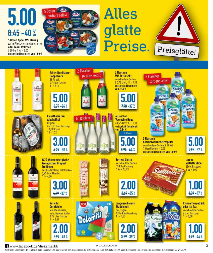 Aktueller Prospekt Diska - Prospekte - von 01.08 bis 06.08.2022 - strona 2 - produkty: alkohol, aust, bier, clausthaler, doppelkorn, dornfelder, eis, ferrero, filet, filets, flasche, getränk, gin, giotto, hering, hugo, ice tea, korn, Kuschelweich, langnese, lorenz, mm extra, pfanne, Pfanner, reis, ring, saltletts, sekt, Ti, trolli, trollinger, vescovino, weichspüler, wein, Wild, ZTE