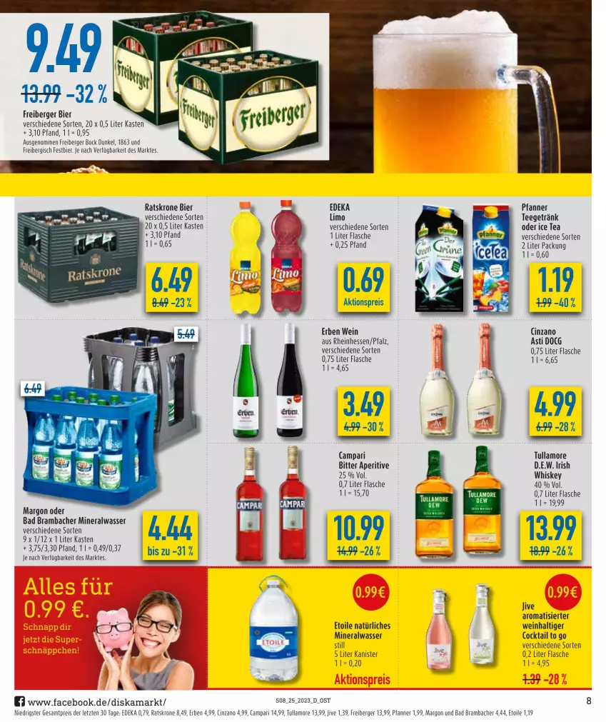 Aktueller Prospekt Diska - Prospekte - von 19.06 bis 24.06.2023 - strona 8 - produkty: aktionspreis, Alwa, asti, Bad, Berger, bier, cin, cinzano, cocktail, deka, eis, flasche, Freiberger, getränk, irish whiskey, krone, limo, mineralwasser, Mineralwasser Still, natürliches mineralwasser, pfanne, Pfanner, reis, tee, Ti, tullamore, wasser, wein, whiskey, ZTE