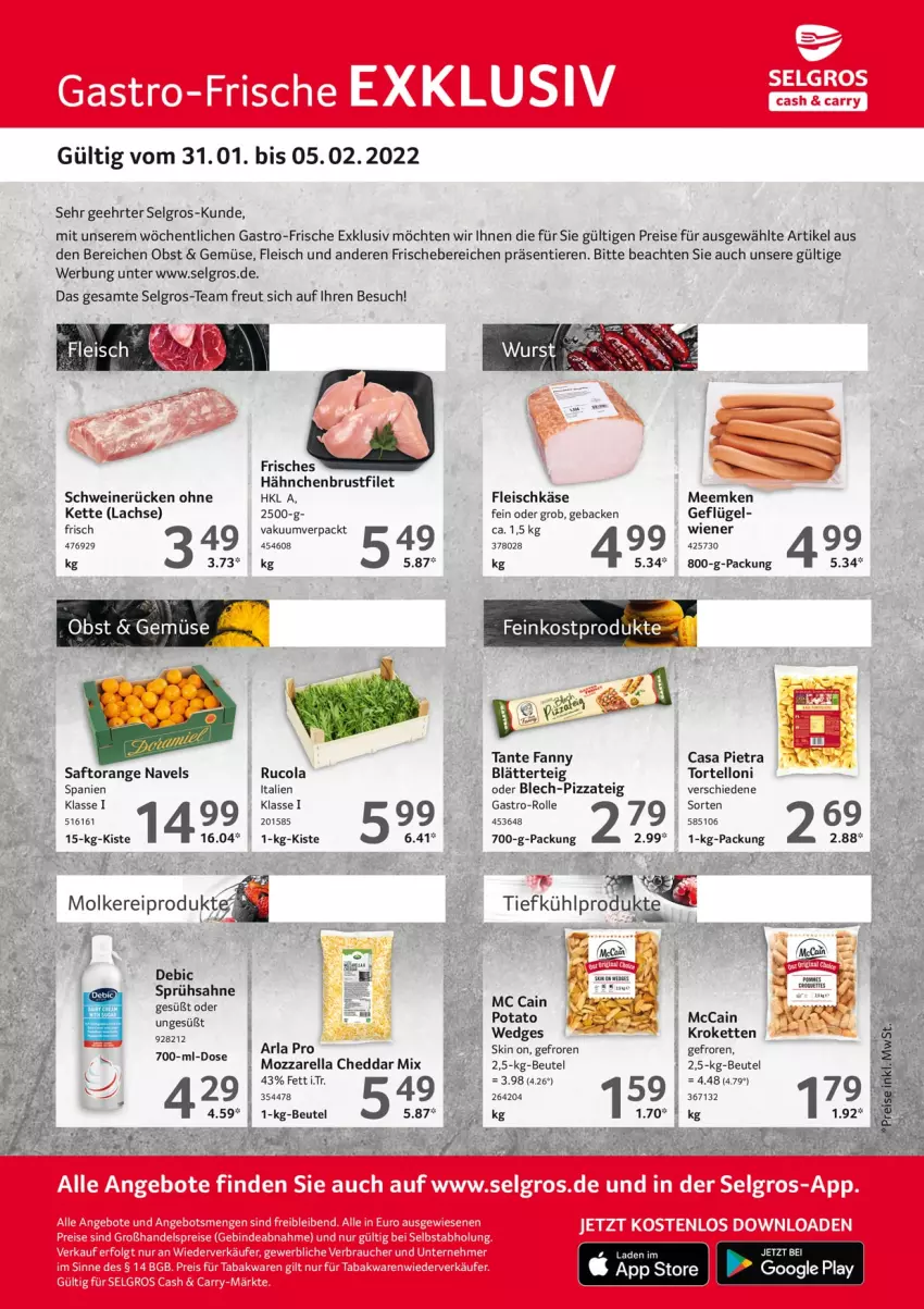 Aktueller Prospekt Selgros - Gastroangebote - von 31.01 bis 05.02.2022 - strona 1 - produkty: arla, beutel, blätterteig, brustfilet, cheddar, cola, eis, filet, fleisch, fleischkäse, geback, Geflügel, google play, hähnchenbrust, hähnchenbrustfilet, Käse, Kette, Kroketten, lachs, LG, mc cain, mccain, mozzarella, obst, orange, pizza, Pizzateig, reis, rel, rucola, saft, sahne, schwein, schweine, schweinerücken, tante fanny, tee, Ti, Tiere, torte, tortelloni, wedges, wein, weine, wiener