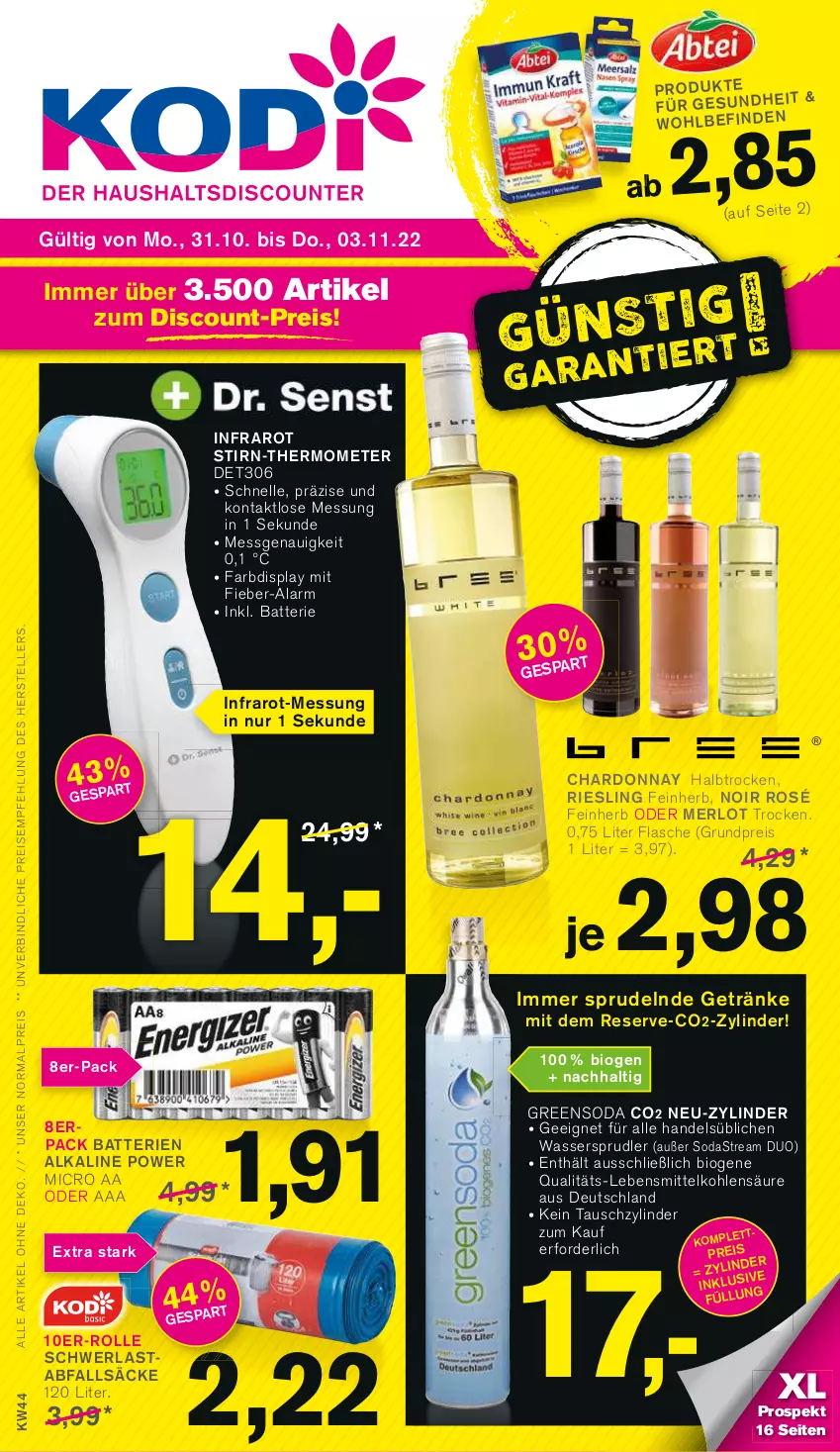 Aktueller Prospekt Kodi - Prospekte - von 29.10 bis 03.11.2022 - strona 1 - produkty: batterie, batterien, bio, chardonnay, discount, eis, elle, flasche, getränk, getränke, lebensmittel, merl, merlot, reis, riesling, Soda, sodastream, Sprudel, teller, thermometer, Ti, wasser, wassersprudler