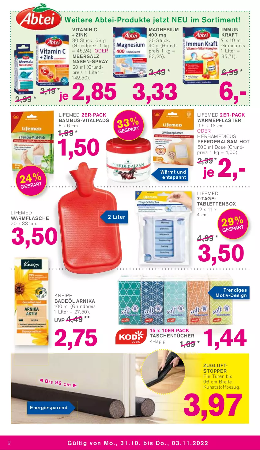 Aktueller Prospekt Kodi - Prospekte - von 29.10 bis 03.11.2022 - strona 2 - produkty: Abtei, Bad, balsam, bambus, Brei, eis, erde, flasche, kneipp, kraft, magnesium, magnesium 400, meersalz, pflaster, reis, salz, tablet, tablett, Tablette, Tasche, taschen, taschentücher, Ti, topper, tücher, vita, Vitamin C, Zugluftstopper