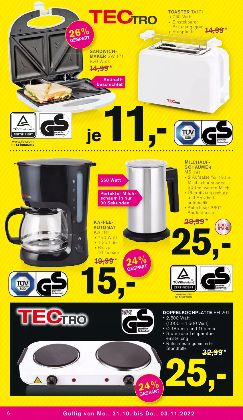 Aktueller Prospekt Kodi - Prospekte - von 29.10 bis 03.11.2022 - strona 6 - produkty: auto, HP, latte, milch, milchaufschäumer, sandwich, Schal, tasse, Ti, toast, toaster