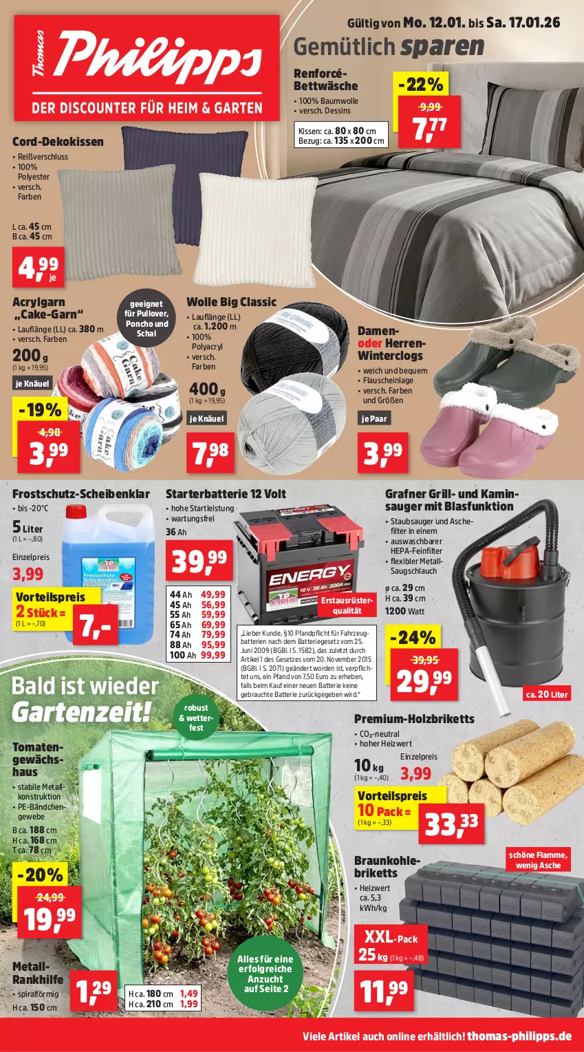Aktueller Prospekt Thomas Philipps - von 12.01 bis 17.01.2026 - strona 1 - produkty: batterie, batterien, Bau, baumwolle, bett, bettwäsche, braun, briketts, Clogs, dekokissen, eis, Garten, Gewächshaus, grill, Holz, Holzbriketts, Kamin, kissen, lamm, LG, Pullover, Rauch, reis, Schal, schlauch, staubsauger, Ti, tomate, tomaten, vorteilspreis, Winterclogs, wolle
