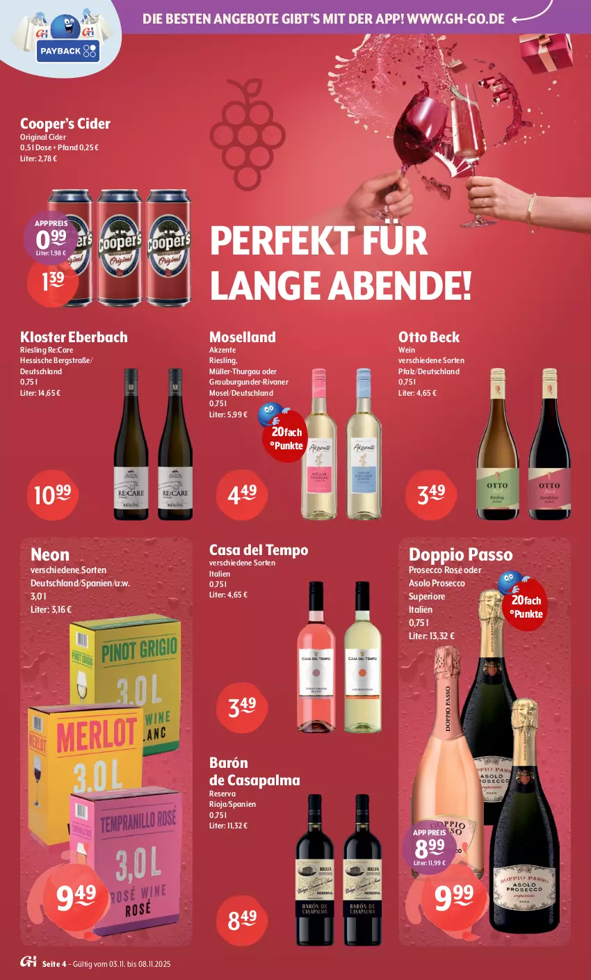Aktueller Prospekt Getraenke Hoffmann - Prospekte - von 03.11 bis 08.11.2025 - strona 4 - produkty: angebot, angebote, burgunder, cider, doppio passo, ecco, eis, ente, gin, grauburgunder, Kloster Eberbach, moselland, Müller, Müller-Thurgau, passo, prosecco, reis, riesling, rioja, Rivaner, Tempo, Ti, wein