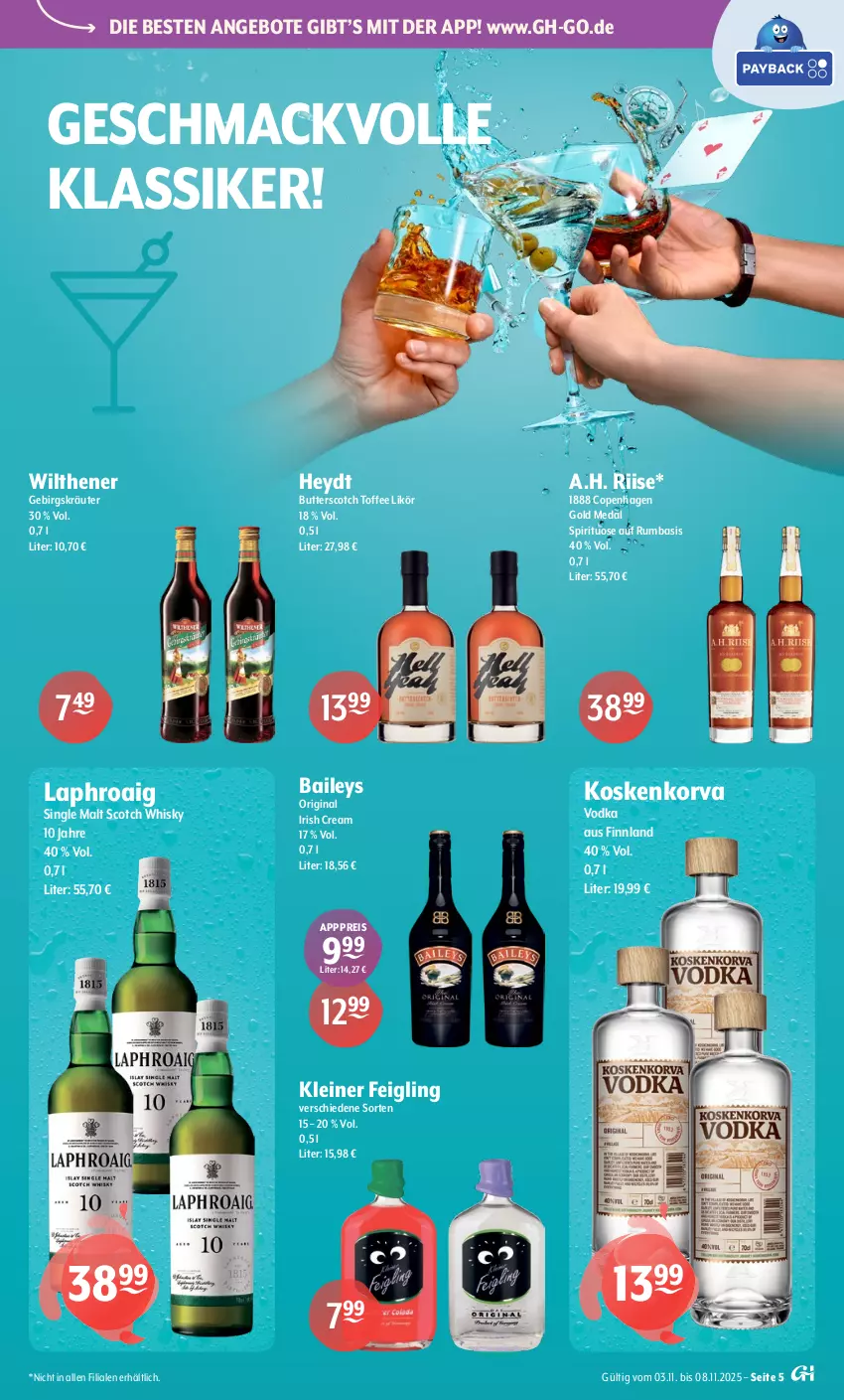 Aktueller Prospekt Getraenke Hoffmann - Prospekte - von 03.11 bis 08.11.2025 - strona 5 - produkty: angebot, angebote, baileys, butter, eis, gin, irish cream, kleiner feigling, kräuter, laphroaig, leine, likör, mac, reis, rum, scotch, scotch whisky, single malt, Ti, vodka, whisky, wilthener