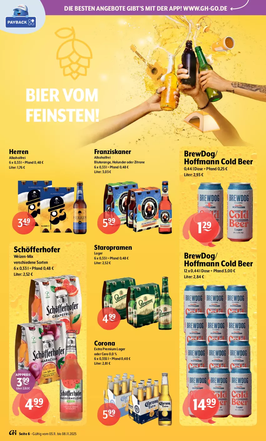 Aktueller Prospekt Getraenke Hoffmann - Prospekte - von 03.11 bis 08.11.2025 - strona 6 - produkty: alkohol, angebot, angebote, bier, Blutorange, corona, corona extra, eis, franziskaner, holunder, orange, reis, schöfferhofer, Staropramen, Ti, zitrone