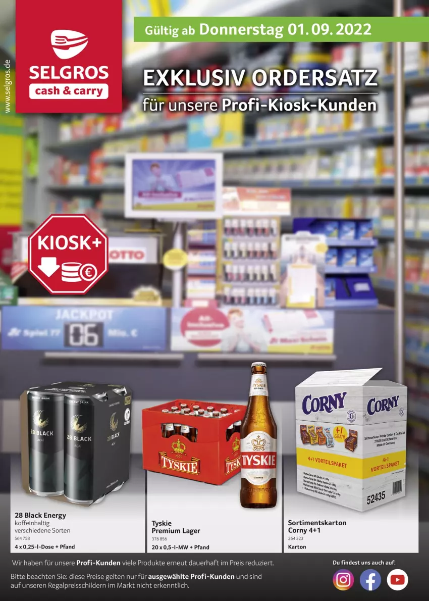 Aktueller Prospekt Selgros - Exklusiv Kiosk Ordersatz - von 01.09 bis 31.10.2022 - strona 1 - produkty: auer, corny, eis, lack, LG, regal, reis, reiss, Ti, tyskie