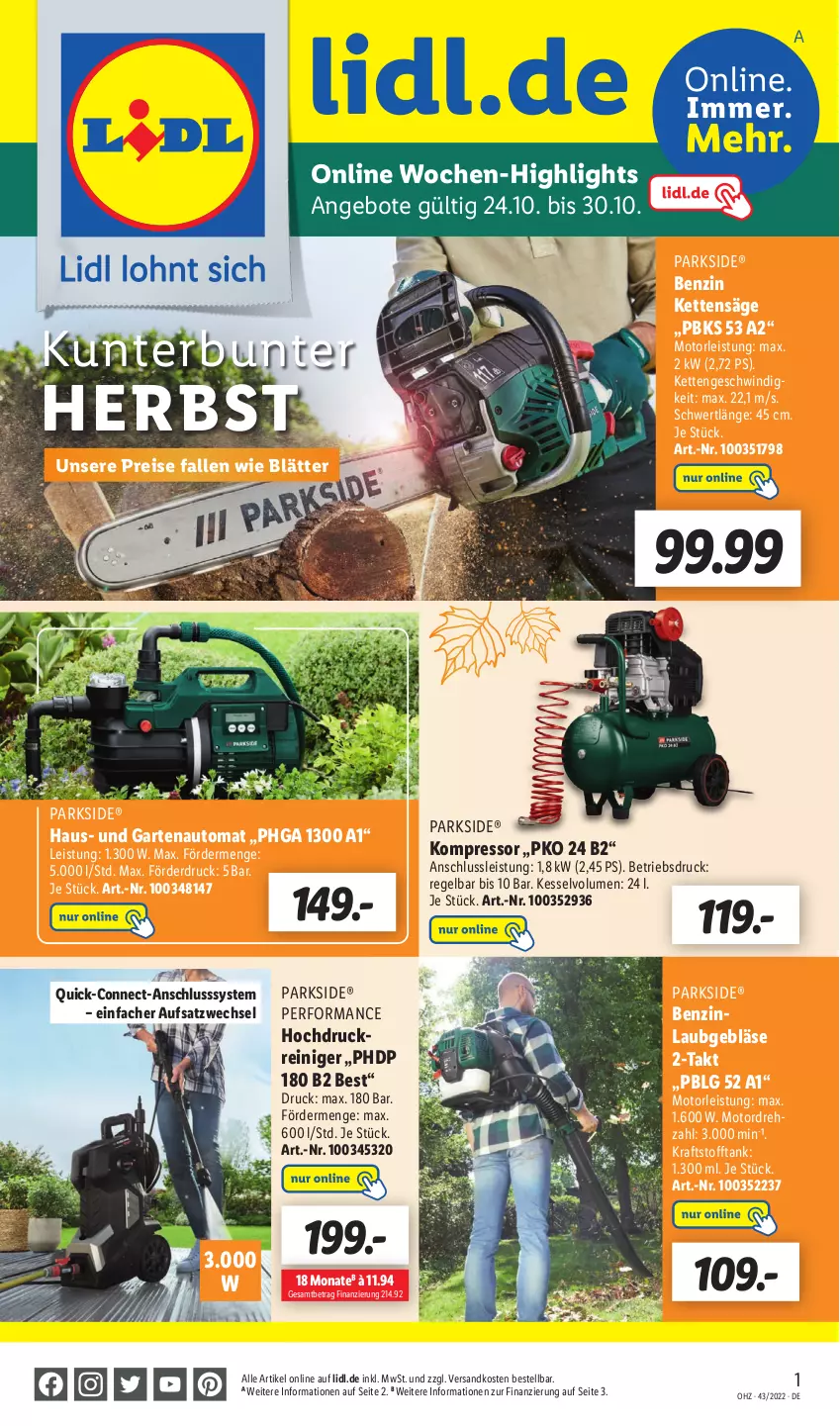 Aktueller Prospekt Lidl - Wochen-Highlights im Onlineshop - von 24.10 bis 30.10.2022 - strona 1 - produkty: angebot, angebote, auto, eis, Garten, hochdruckreiniger, Kette, kompressor, kraft, LG, ndk, Parkside, reiniger, reis, säge, Ti