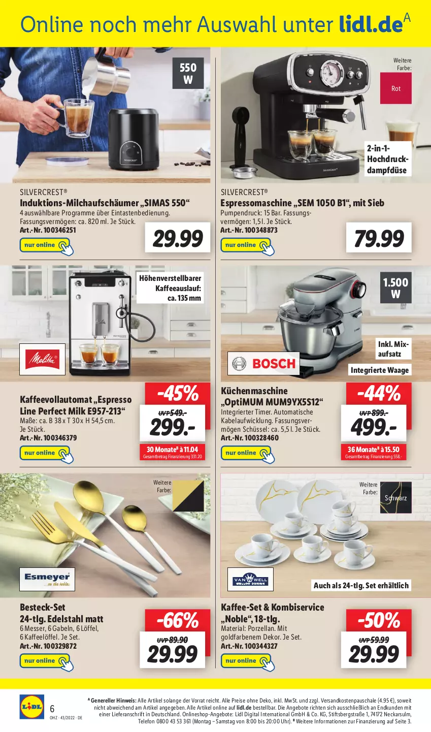 Aktueller Prospekt Lidl - Wochen-Highlights im Onlineshop - von 24.10 bis 30.10.2022 - strona 8 - produkty: angebot, angebote, auto, besteck, besteck-set, edelstahl, eis, elle, espresso, gabel, kaffee, kaffeevollautomat, Kombiservice, küche, Küchen, küchenmaschine, LG, Löffel, messer, milch, milchaufschäumer, Mixa, ndk, reis, rel, Ria, Schal, Schale, schüssel, silvercrest, sim, telefon, Ti, timer, tisch, uhr, Waage, WICK