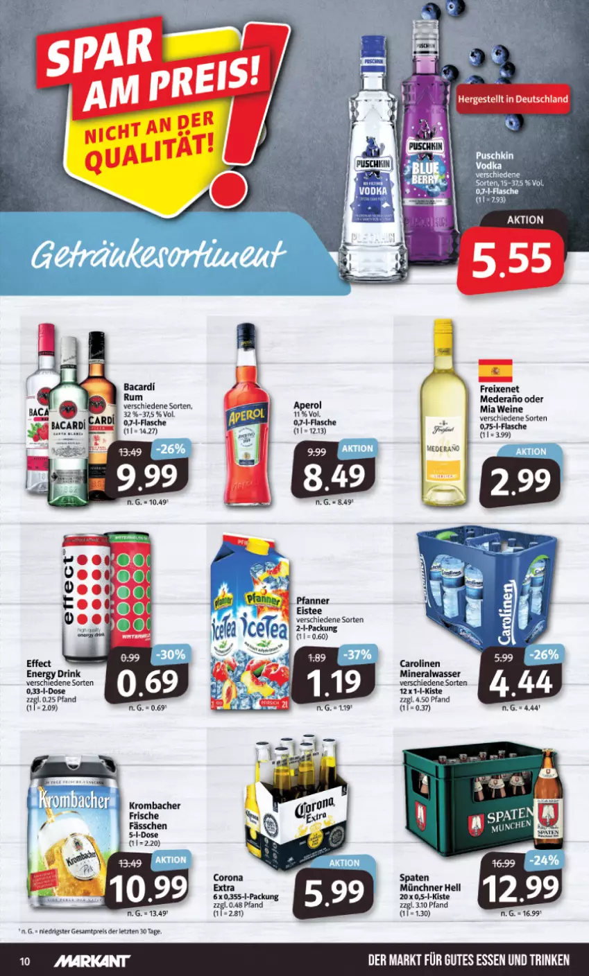 Aktueller Prospekt Markant - Prospekte - von 21.11 bis 26.11.2022 - strona 10 - produkty: Alwa, bacardi, bacardi rum, corona, corona extra, drink, Effect, eis, eistee, energy drink, flasche, krombache, krombacher, mineralwasser, pfanne, Pfanner, rum, Spaten, tee, Ti, wasser, wein, weine