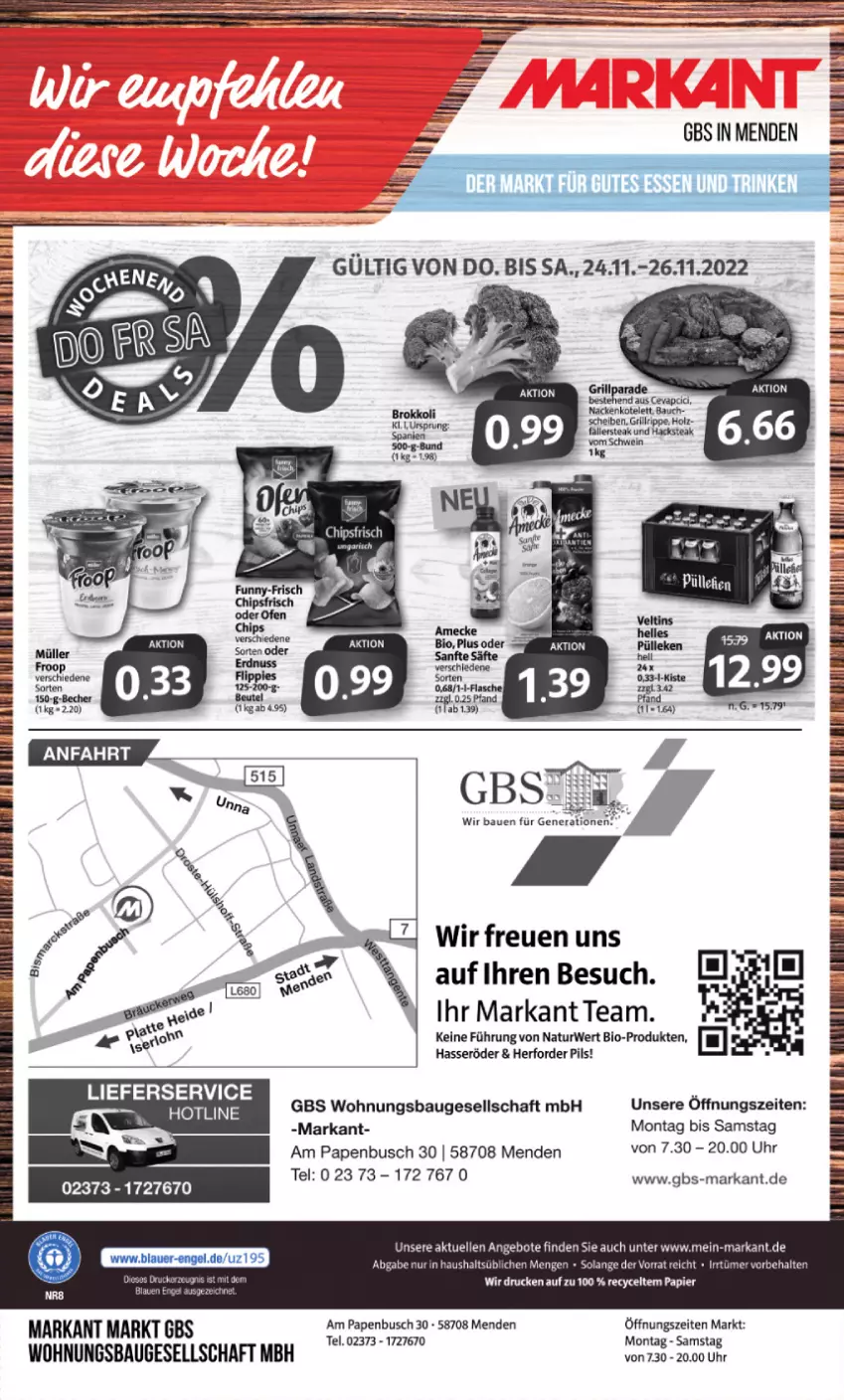 Aktueller Prospekt Markant - Prospekte - von 21.11 bis 26.11.2022 - strona 12 - produkty: angebot, angebote, Bau, Bebe, Becher, beutel, bio, brot, elle, ente, erdnuss, flippies, grill, grillrippe, hasseröder, Holz, kotelett, lieferservice, natur, nuss, pils, rwe, steak, Ti, uhr