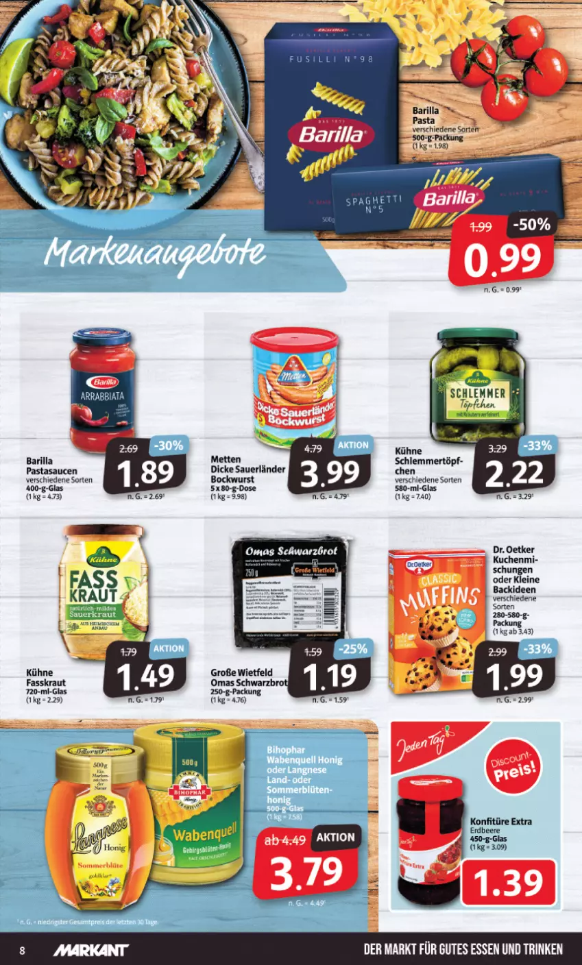 Aktueller Prospekt Markant - Prospekte - von 21.11 bis 26.11.2022 - strona 8 - produkty: auer, barilla, beere, bockwurst, brot, Dr. Oetker, erdbeere, konfitüre, konfitüre extra, Kraut, kuchen, Kühne, leine, Mett, metten, pasta, sauce, saucen, Schwarzbrot, wurst