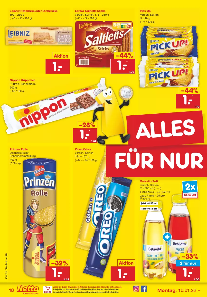 Aktueller Prospekt Netto Marken-Discount - Filial Angebote - von 10.01 bis 15.01.2022 - strona 18 - produkty: bebivita, creme, eis, flasche, hafer, keks, kekse, leibniz, lorenz, ndk, nippon, oreo, prinzen rolle, reis, saft, saltletts, schoko, schokolade, Ti, Tiere, versandkostenfrei, vita