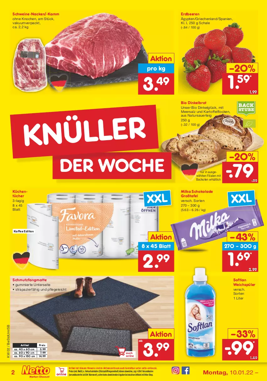 Aktueller Prospekt Netto Marken-Discount - Filial Angebote - von 10.01 bis 15.01.2022 - strona 2 - produkty: auer, backofen, beere, beeren, bio, brot, Dinkelbrot, eis, erdbeere, erdbeeren, kaffee, kartoffel, küche, Küchen, küchentücher, LG, meersalz, milka, milka schokolade, natur, ndk, Ofen, reis, salz, Schal, Schale, schmutzfangmatte, schoko, schokolade, schwein, schweine, Softlan, stube, Ti, tücher, versandkostenfrei, weichspüler, wein, weine