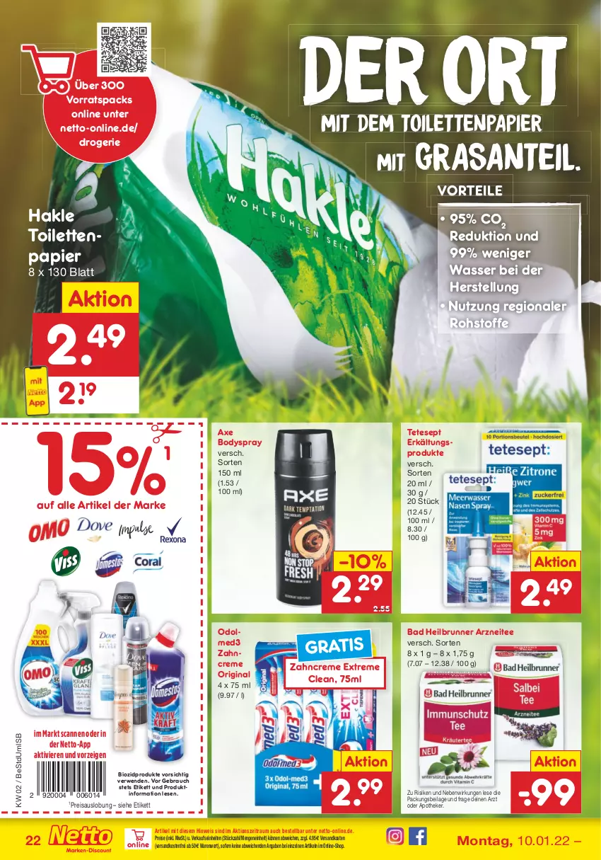 Aktueller Prospekt Netto Marken-Discount - Filial Angebote - von 10.01 bis 15.01.2022 - strona 22 - produkty: Apotheke, axe, Bad, bio, biozidprodukte, body, bodyspray, creme, eis, Erkältungs, gin, hakle, hakle toilettenpapier, ilag, ndk, Odol, papier, Rauch, reis, rwe, SANTE, tee, Ti, toilettenpapier, versandkostenfrei, wasser, zahncreme