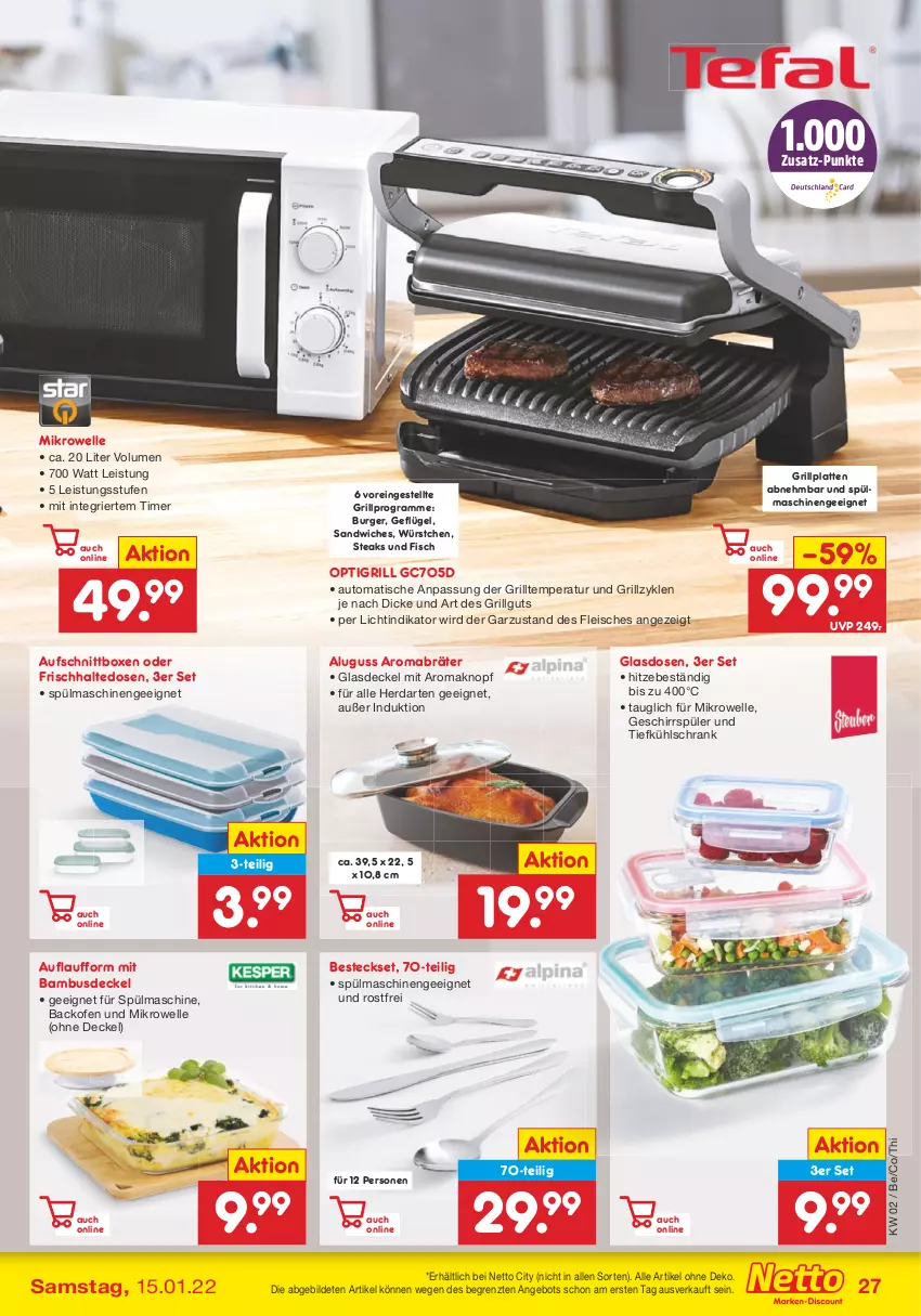 Aktueller Prospekt Netto Marken-Discount - Filial Angebote - von 10.01 bis 15.01.2022 - strona 27 - produkty: angebot, aufschnitt, auto, backofen, backofen und, bambus, besteck, besteckset, burger, decke, Deckel, eis, elle, fisch, fleisch, frischhaltedosen, Geflügel, geschirr, geschirrspüler, Glasdeckel, grill, grillplatte, herdarten, kühlschrank, latte, LG, mab, mikrowelle, Ofen, sandwich, Schrank, spülmaschinen, steak, steaks, Ti, timer, tisch, würstchen, ZTE