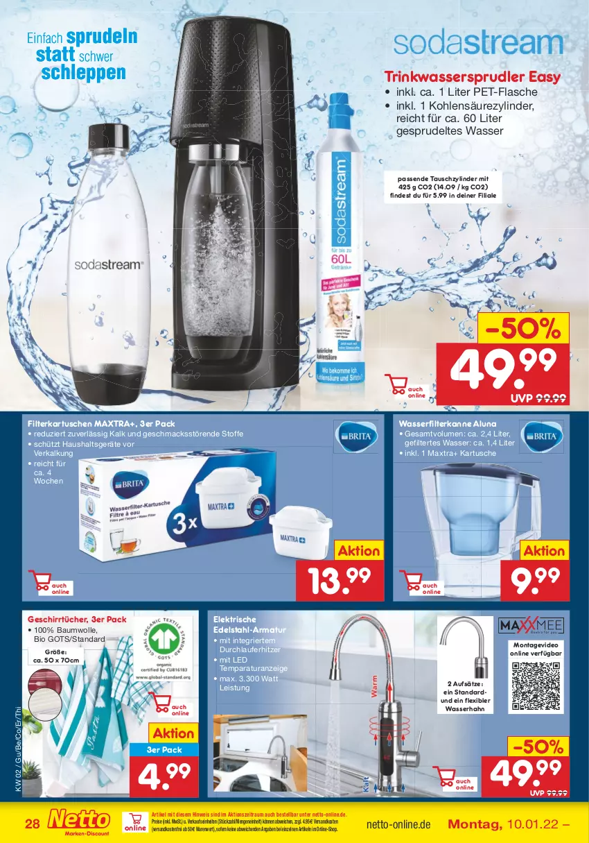 Aktueller Prospekt Netto Marken-Discount - Filial Angebote - von 10.01 bis 15.01.2022 - strona 28 - produkty: armatur, Bau, baumwolle, bio, deo, edelstahl, eis, filterkartuschen, flasche, geschirr, geschirrtücher, Haushaltsgeräte, mac, Maxtra, ndk, pet-flasche, reis, Sprudel, Ti, tücher, versandkostenfrei, wasser, wasserfilter, wassersprudler, wolle