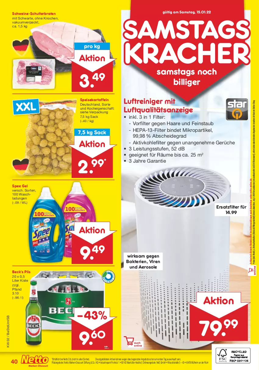 Aktueller Prospekt Netto Marken-Discount - Filial Angebote - von 10.01 bis 15.01.2022 - strona 40 - produkty: angebot, angebote, beck's, braten, discount, eis, Holz, kartoffel, kartoffeln, kracher, Luftreiniger, marken-discount, ndk, pils, reiniger, reis, sac, schwein, schweine, spee, speisekartoffeln, Ti, uhr, versandkostenfrei, wein, weine, ZTE