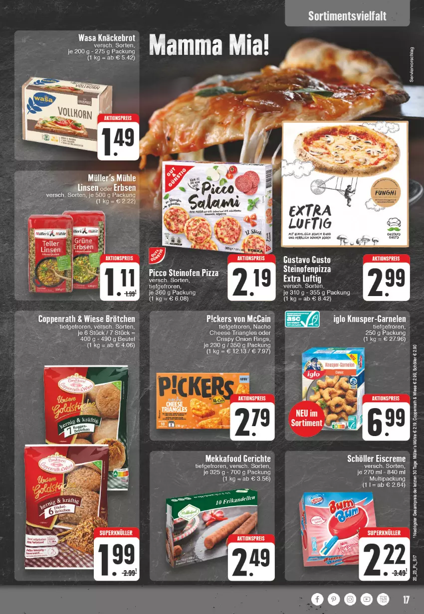 Aktueller Prospekt E Center - Angebote der Woche - von 15.05 bis 20.05.2023 - strona 17 - produkty: aktionspreis, beutel, brot, brötchen, coppenrath, creme, eis, eiscreme, garnelen, iglo, knäckebrot, Müller, nacho, nacho cheese, Ofen, pizza, reis, Ria, ring, Schöller, steinofen, steinofen pizza, tee, Ti, wasa, ZTE