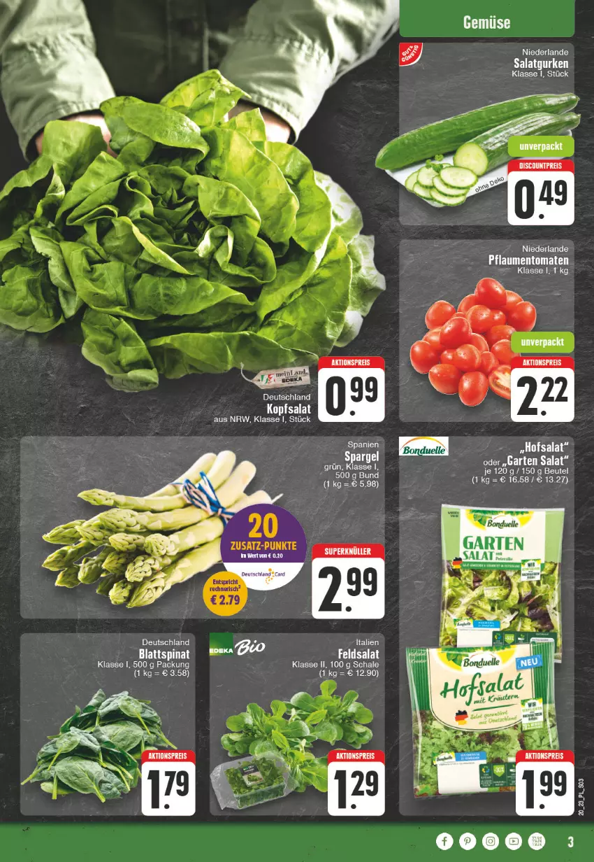 Aktueller Prospekt E Center - Angebote der Woche - von 15.05 bis 20.05.2023 - strona 3 - produkty: aktionspreis, blattspinat, bonduelle, eis, elle, feldsalat, gurke, gurken, kopfsalat, pflaume, pflaumen, reis, salat, Salatgurke, salatgurken, Schal, Schale, spinat, Ti, tomate, tomaten