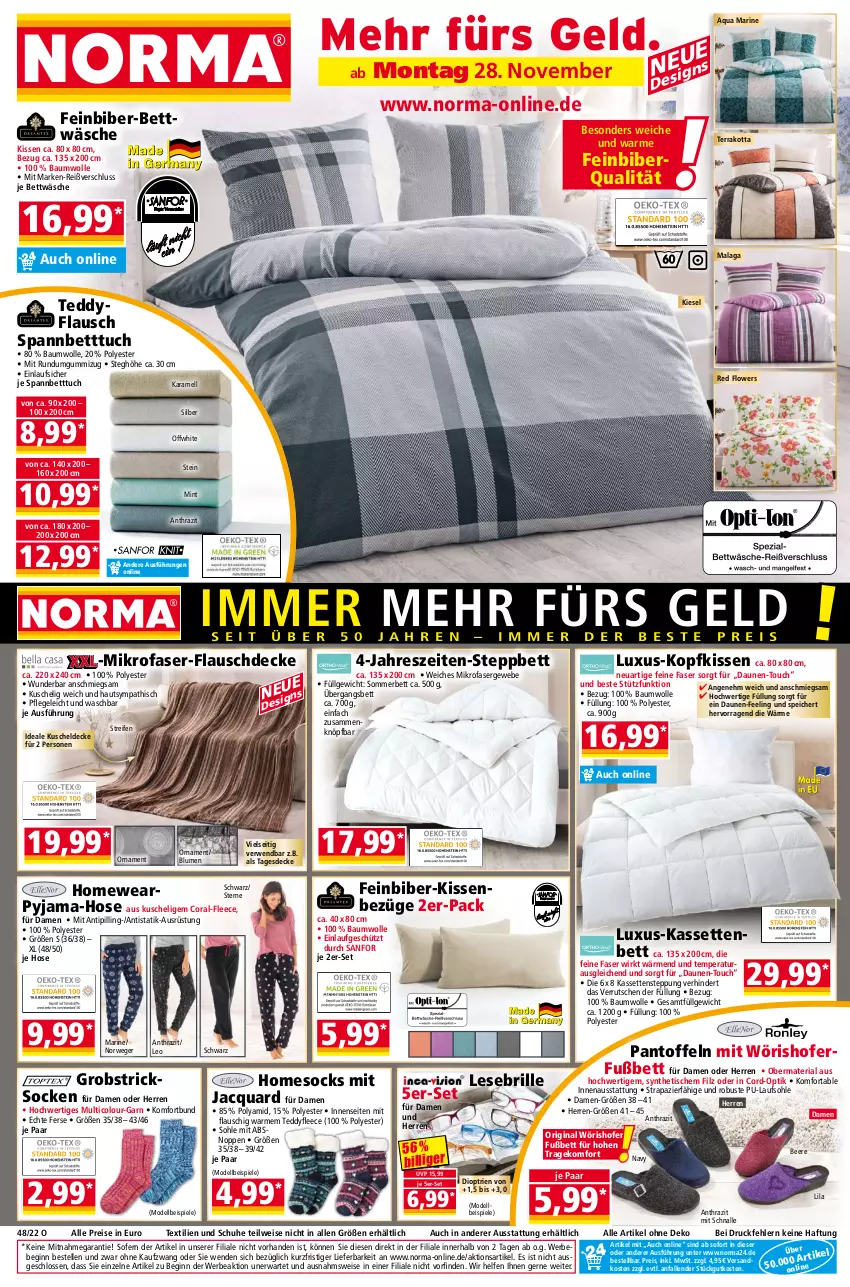 Aktueller Prospekt Norma - Norma - von 28.11 bis 05.12.2022 - strona 1 - produkty: aqua, Bau, baumwolle, Bebe, beere, bett, Betttuch, bettwäsche, blume, blumen, Brille, Coral, decke, dell, eis, elle, Flowers, gin, Grobstricksocken, hose, karamell, kissen, kopfkissen, kuscheldecke, LG, mikrofaser, mint, Mode, ndk, obst, Pantoffeln, Pyjama, reifen, reis, Ria, rwe, schuhe, socken, spannbetttuch, Spiele, steppbett, Stricksocken, tagesdecke, Ti, Tipi, tisch, tuc, wolle