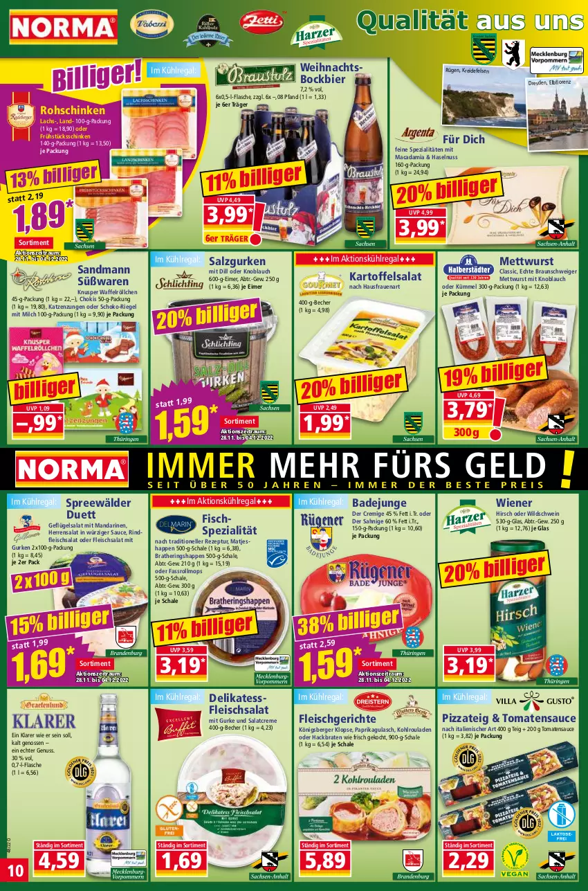 Aktueller Prospekt Norma - Norma - von 28.11 bis 05.12.2022 - strona 10 - produkty: Bad, Becher, Berger, bier, braten, braun, creme, eimer, eis, elle, fisch, flasche, fleisch, fleischsalat, Geflügel, geflügelsalat, gulasch, gurke, gurken, haselnuss, hering, Herings, Heringshappen, kartoffel, kartoffelsalat, knoblauch, Kohlrouladen, Königsberger Klopse, Kreide, kühlregal, lachs, lorenz, mac, macadamia, mandarine, mandarinen, matjes, Mett, mettwurst, milch, mit knoblauch, nuss, paprika, pizza, Pizzateig, regal, rezept, riegel, rind, rindfleisch, ring, rohschinken, rouladen, salat, salatcreme, salz, sauce, Schal, Schale, schinken, schoko, schwein, Spezi, spreewälder, Ti, tomate, tomaten, tomatensauce, Waffelröllchen, wein, wiener, Wild, Wildschwein, wurst