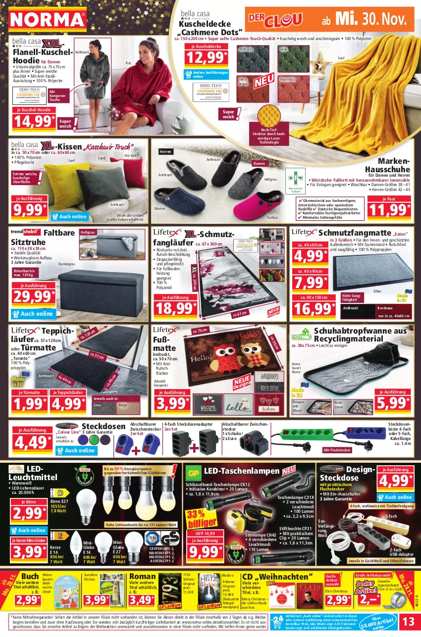 Aktueller Prospekt Norma - Norma - von 28.11 bis 05.12.2022 - strona 13 - produkty: adapter, auer, Bau, Bebe, bett, Birnen, braun, buch, cashmere, Clin, decke, dell, eis, elle, Flowers, Fußmatte, gin, Hausschuhe, Holz, iglo, kerze, kissen, kuscheldecke, lachs, Lampe, Läufer, Leuchte, LG, Mode, ndk, recyclingmaterial, reis, Ria, rosen, Schal, schmutzfangmatte, schuhe, senf, Sitztruhe, Spiele, steckdose, Steckdosenadapter, Steckdosenleiste, sunshine, Tasche, taschen, taschenlampe, teppich, Ti, tisch, usb, Wanne, weihnachten, werkzeug, ZTE