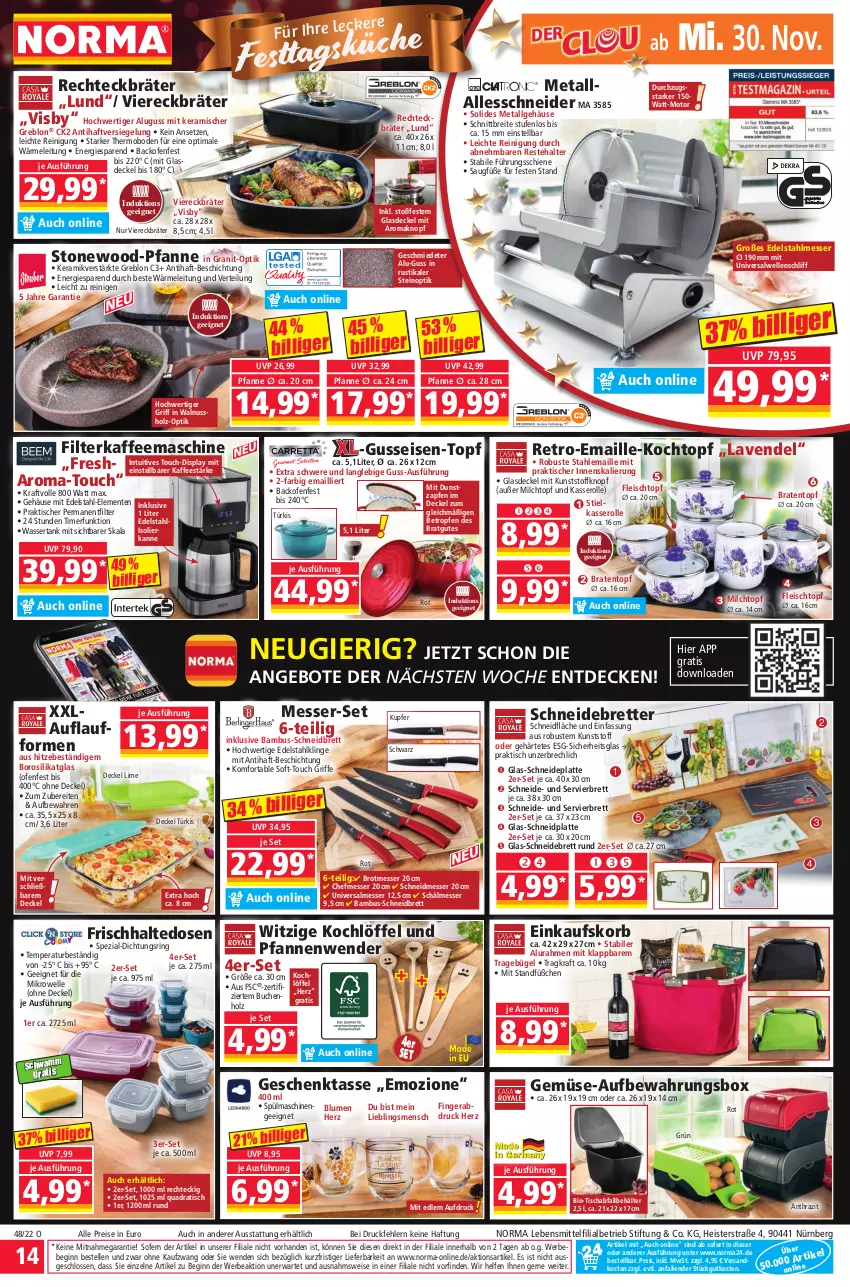 Aktueller Prospekt Norma - Norma - von 28.11 bis 05.12.2022 - strona 14 - produkty: angebot, angebote, aufbewahrungsbox, backofen, bambus, Behälter, bio, blume, blumen, braten, Bratentopf, Brei, brot, buch, bügel, decke, Deckel, edelstahl, edelstahlmesser, einkaufskorb, eis, elle, ente, filterkaffee, fleisch, Fleischtopf, frischhaltedosen, gin, Glasdeckel, Holz, isolierkanne, K2, kaffee, kaffeemaschine, Kochlöffel, Kochtopf, korb, kraft, latte, lavendel, lebensmittel, LG, Löffel, maille, messer, mikrowelle, milch, nuss, Ofen, pfanne, pfannen, Pfannenwender, quad, Rechteckbräter, Reinigung, reis, ring, schneidebrett, Spezi, spülmaschinen, tasse, Ti, timer, tisch, topf, und pfanne, usb, walnuss, wasser, wassertank