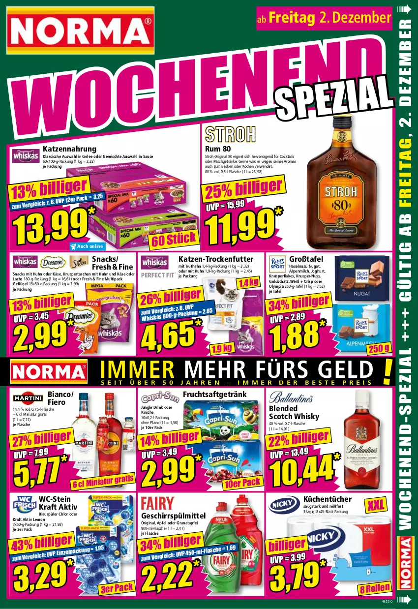 Aktueller Prospekt Norma - Norma - von 28.11 bis 05.12.2022 - strona 15 - produkty: alpenmilch, apfel, blended scotch, blended scotch whisky, cocktail, cocktails, drink, flakes, flasche, frucht, fruchtsaft, fruchtsaftgetränk, Geflügel, gelee, geschirr, geschirrspülmittel, getränk, getränke, gin, grana, granatapfel, haselnuss, joghur, joghurt, Käse, katzennahrung, kirsch, kirsche, kraft, küche, Küchen, küchentücher, lachs, milch, nuss, Rana, rum, rwe, saft, sauce, scotch, scotch whisky, snack, snacks, spülmittel, Tasche, taschen, Ti, trockenfutter, truthahn, tücher, whiskas, whisky