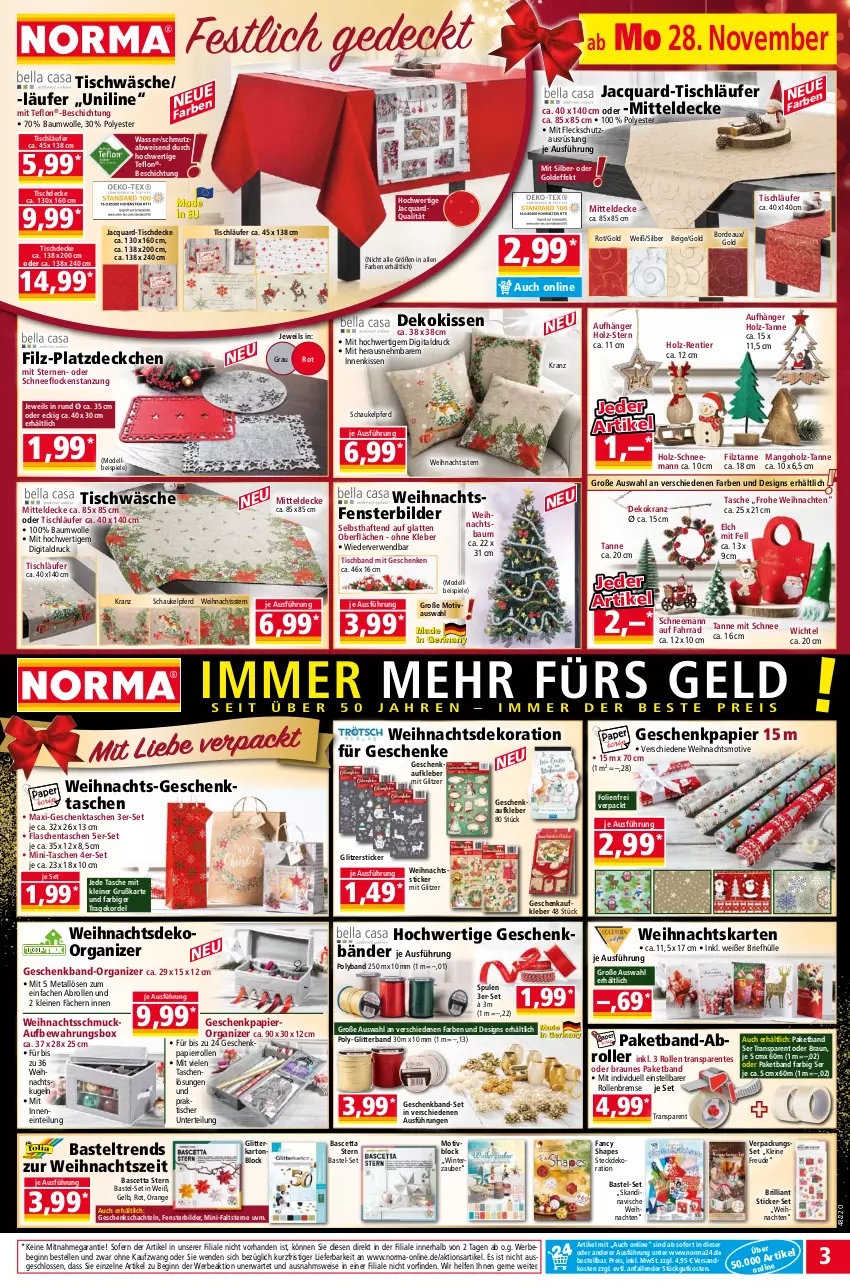 Aktueller Prospekt Norma - Norma - von 28.11 bis 05.12.2022 - strona 3 - produkty: aufbewahrungsbox, Aufkleber, Bau, baumwolle, Bebe, braun, brie, decke, dekokissen, dekoration, dell, eis, elle, ente, Fahrrad, fenster, flasche, Geschenkpapier, Geschenktasche, gin, Holz, kissen, kleber, Kranz, Kugel, latte, Läufer, leine, mango, mitteldecke, Mode, ndk, orange, papier, Platzdeckchen, reis, Roller, rwe, Schaukel, Schmuck, Spiele, Tasche, taschen, Ti, tisch, tischdecke, tischläufer, Tischwäsche, wasser, weihnachten, Weihnachtskugeln, Weihnachtsstern, Wichtel, wolle