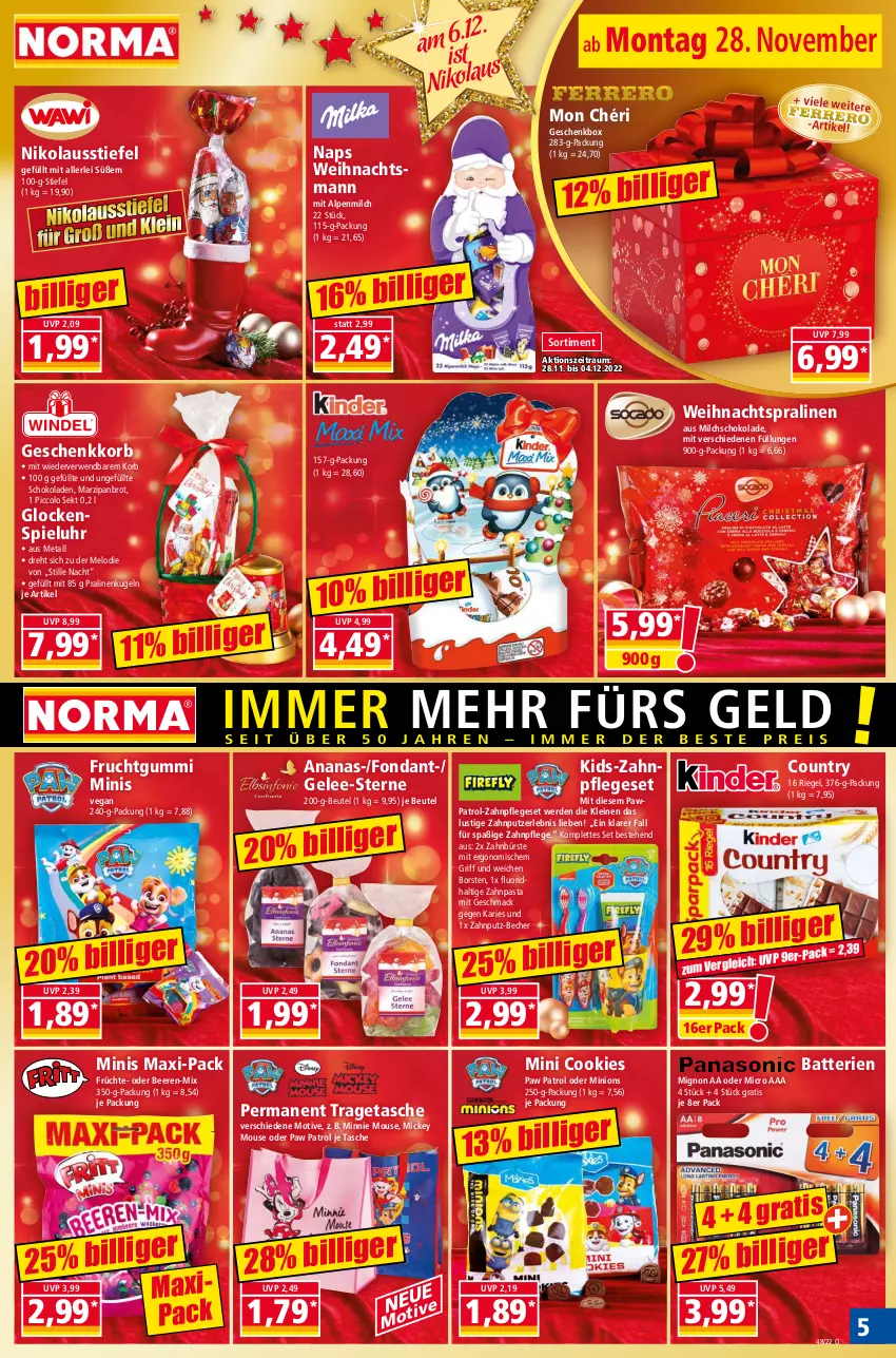 Aktueller Prospekt Norma - Norma - von 28.11 bis 05.12.2022 - strona 5 - produkty: alpenmilch, ananas, batterie, batterien, Becher, beere, beeren, beutel, brot, bürste, cookie, cookies, erde, frucht, früchte, fruchtgummi, gelee, Geschenkbox, korb, Kugel, leine, Lusti, mac, marzipan, milch, Mon Chéri, pasta, Paw Patrol, pralinen, riegel, rwe, schoko, schokolade, schokoladen, sekt, Tasche, Ti, tragetasche, uhr, zahnbürste, zahnpasta