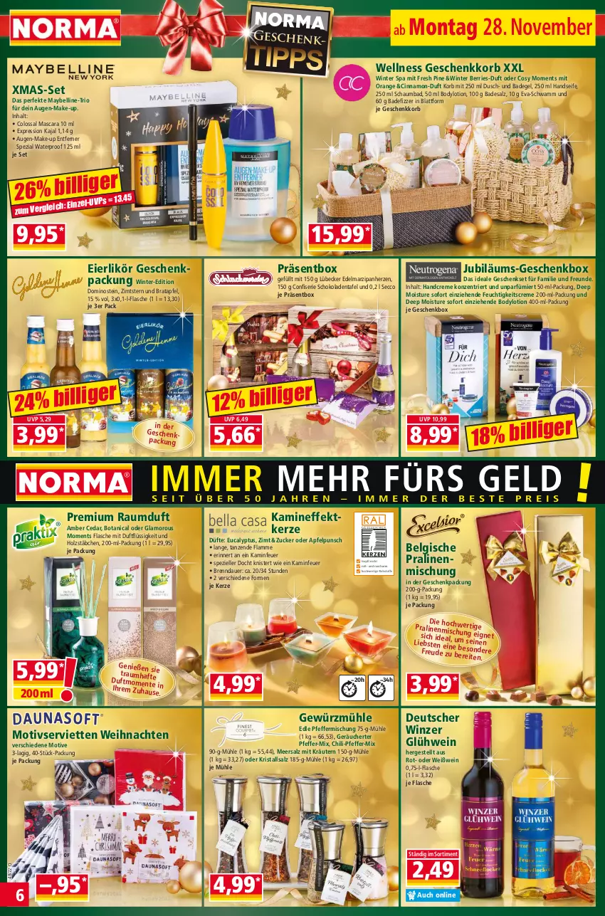 Aktueller Prospekt Norma - Norma - von 28.11 bis 05.12.2022 - strona 6 - produkty: Amber, apfel, auer, Bad, Belgische Pralinen, body, bodylotion, chili, cin, creme, ecco, Edelmarzipan, eier, eierlikör, elle, feuchtigkeitscreme, flasche, Geschenkbox, geschenkpackung, geschenkset, gewürz, Gewürzmühle, Glühwein, handcreme, Handseife, Holz, Jubiläums, Kamin, kerze, korb, kräuter, kräutern, Kristallsalz, lamm, LG, likör, Lotion, Lübecker, Make-up, marzipan, Mascara, Maybelline, meersalz, orange, pfeffer, pralinen, Raumduft, salz, schaumbad, schoko, schokolade, schokoladen, schwamm, Seife, Serviette, servietten, Spezi, Ti, weihnachten, wein, Weißwein, xmas, zucker