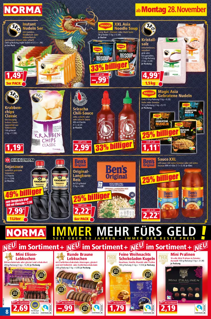 Aktueller Prospekt Norma - Norma - von 28.11 bis 05.12.2022 - strona 8 - produkty: ananas, auer, Becher, beef, Berger, beutel, braten, braun, chili, chips, curry, Duck, eis, ente, flasche, fleisch, gin, haselnuss, hühner, korn, Kristallsalz, kuchen, Kugel, Langkornreis, Lebkuchen, mac, mandel, milch, mit gemüse, natur, nerf, nudel, nudeln, nürnberger, Nürnberger Lebkuchen, nuss, pralinen, reis, rind, rindfleisch, salz, sauce, schoko, schokolade, schokoladen, snack, snacks, soja, sojasauce, Spezi, Sriracha, Ti, vanille, vollmilch, Zartbitterschokolade