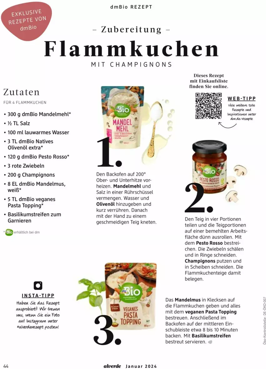 Aktueller Prospekt Dm Drogerie - Prospekte - von 01.02 bis 29.02.2024 - strona 44 - produkty: Alverde, backofen, basilikum, bier, bio, champignon, champignons, eis, ente, erde, flammkuchen, Flammkuchenteig, garnier, kuchen, lamm, mandel, Mandelmus, mehl, natives olivenöl, Ofen, olive, oliven, olivenöl, olivenöl extra, pasta, pesto, reifen, rezept, rezepte, ring, Rote Zwiebel, Rührschüssel, salz, schüssel, Ti, wasser, zwiebel, zwiebeln