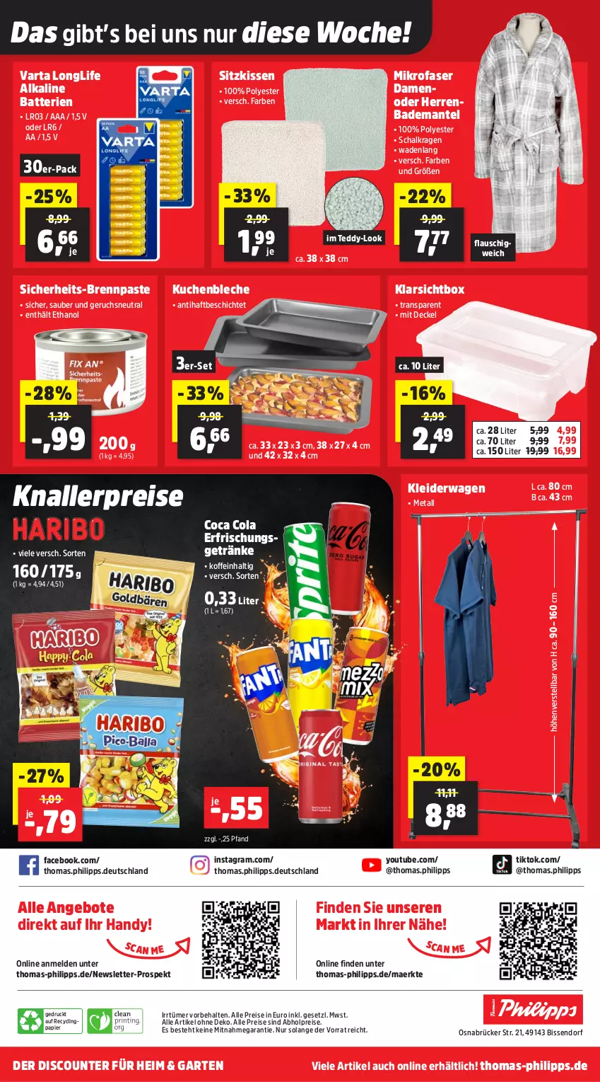 Aktueller Prospekt Thomas Philipps - von 15.12 bis 20.12.2025 - strona 21 - produkty: abholpreise, alle preise sind abholpreise, angebot, angebote, Bad, Bademantel, batterie, batterien, Brennpaste, Clin, cola, decke, Deckel, discount, eis, erfrischungsgetränk, erfrischungsgetränke, Garten, getränk, getränke, Handy, kissen, Klarsichtbox, kleid, kleider, Kleiderwagen, knallerpreis, kuchen, longlife, Mantel, mikrofaser, papier, reis, Schal, sitzkissen, Ti, varta, Yo