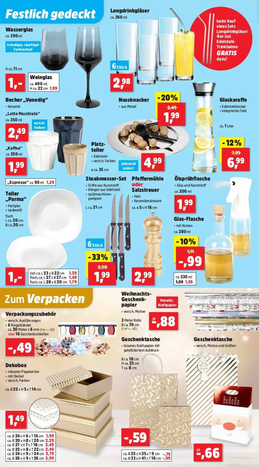 Aktueller Prospekt Thomas Philipps - von 15.12 bis 20.12.2025 - strona 6 - produkty: ACC, Becher, braun, chia, decke, Deckel, drink, edelstahl, elle, espresso, flasche, Geschenkpapier, Geschenktasche, Gläser, glaskaraffe, Holz, kaffee, Karaffe, knacker, kraft, latte, latte macchiato, mac, macchiato, messer, nuss, Nussknacker, papier, pfeffer, Pfeffermühle, Rauch, ring, salz, sprühflasche, spülmaschinen, steak, Tasche, teller, Ti, Trinkhalme, wasser, wein, ZTE