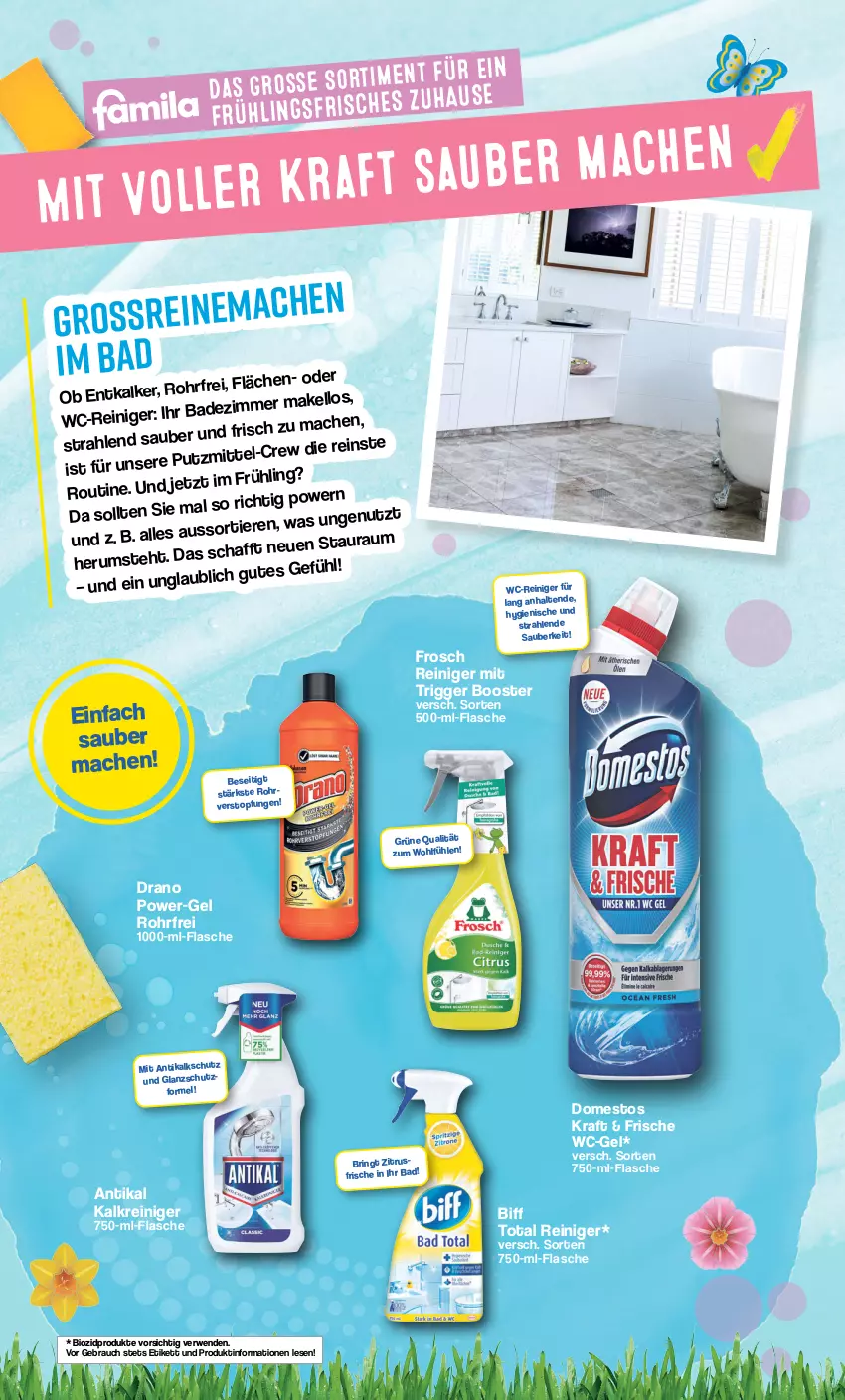 Aktueller Prospekt Famila - Prospekte - von 26.02 bis 09.03.2024 - strona 2 - produkty: Bad, biff, bio, biozidprodukte, domestos, flasche, Frosch, Kalkreiniger, kraft, mac, power-gel, Rauch, reiniger, ring, rum, rwe, Ti, Tiere, topf, wc-gel, wc-reiniger